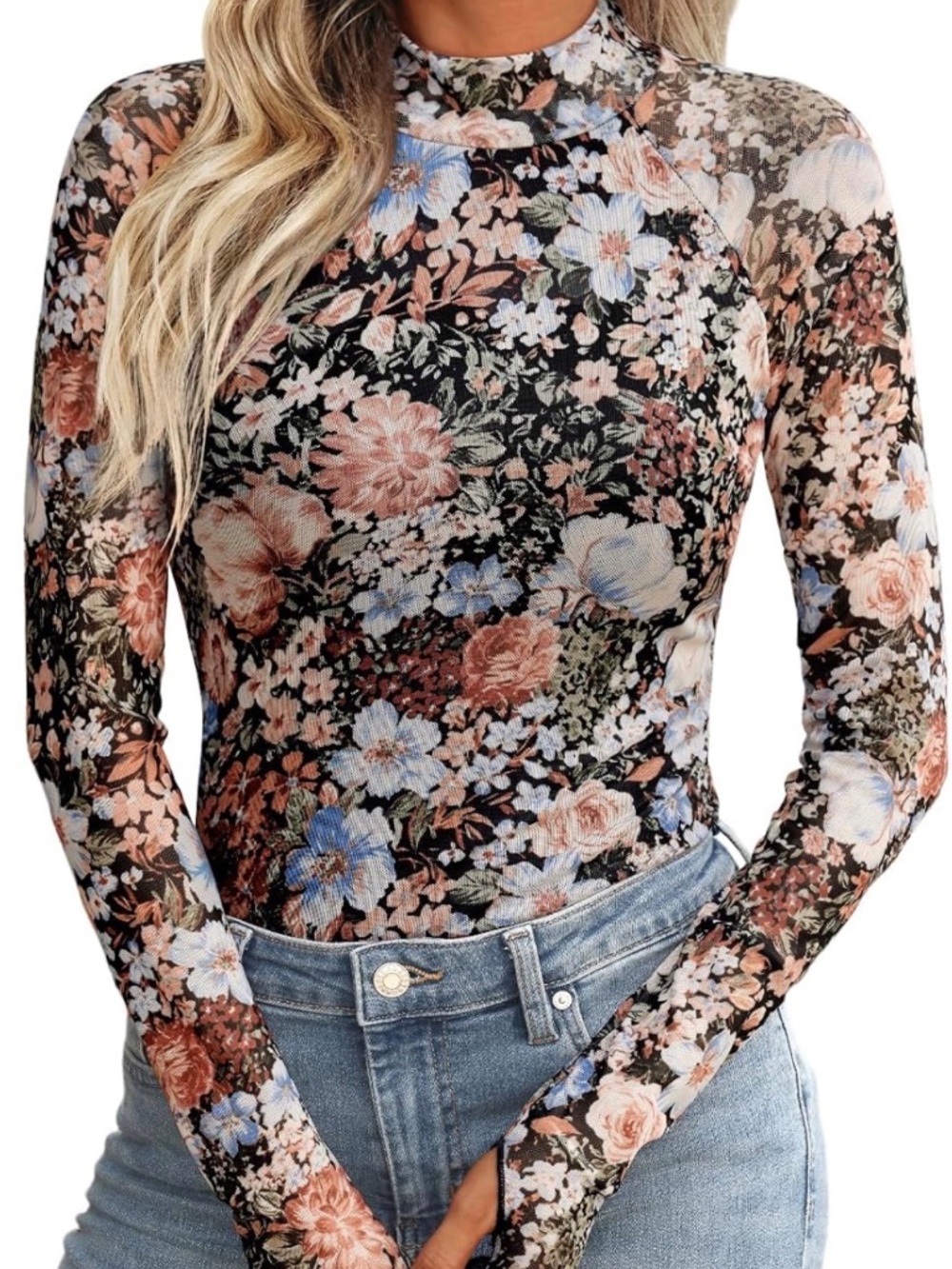 Trendy Queen Floral Mesh Mock Neck Long Sleeve Top Lined Size Small